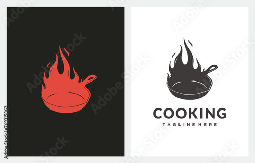 Vintage Old Skillet Cast Iron Fire Flame logo design restaurant	
