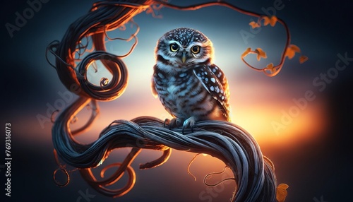 A single spotted owlet perched on a twisted vine, with the soft glow of twilight surrounding it. photo