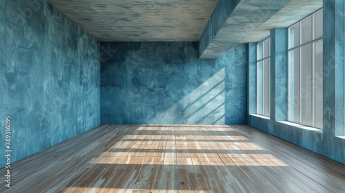 3d rendering of an empty room with wooden floors, in the style of blue and gray, brutalism, blue and gray toned, glazed surfaces  