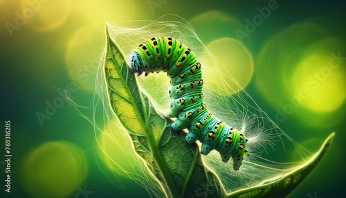 A close-up of a caterpillar on a leaf, beginning to spin its cocoon, surrounded by a blurred green background.