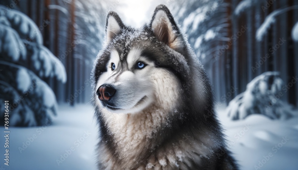 A husky dog with a thick coat, partially covered in snowflakes, looking intently into the distance.