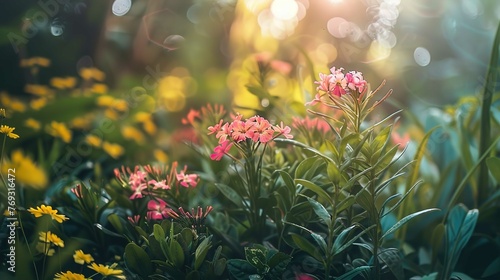 A vibrant garden scene bathed in soft, dappled sunlight. The foreground is dominated by clusters of pink flowers perched atop green, leafy stems, surrounded by yellow flowers and lush greenery. The li