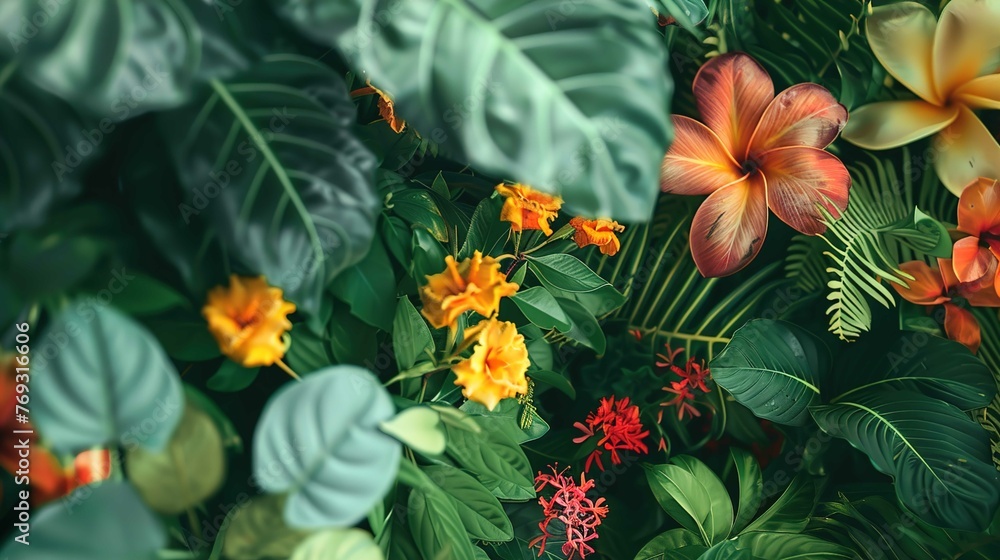 The image features a vibrant array of tropical flowers and foliage. In the foreground, large green leaves with pronounced veins create a lush texture. Towards the center, bright yellow flowers with or