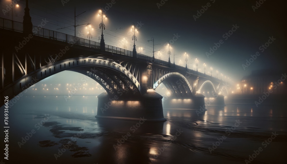 A deserted bridge over a city river with fog rolling in, streetlights casting an eerie glow in the mist.