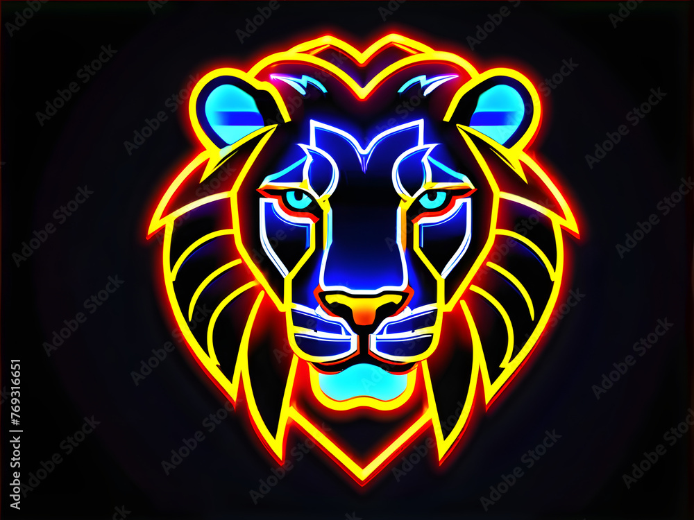 Bold Neon Lion Icon: Symbol of Strength and Majesty(Generative AI)