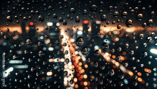 A close-up of raindrops on a window with the blurred city lights in the background during a nighttime downpour.