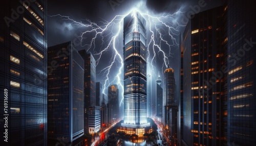 A lightning bolt striking a skyscraper at night, illuminating the surrounding buildings with a sudden flash. photo