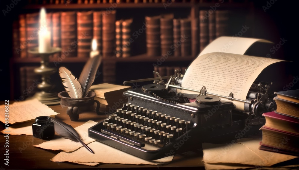 An old-fashioned typewriter with a partially typed manuscript, evoking the romance of writing in a bygone era, with soft lighting highlighting the det. - obrazy, fototapety, plakaty 
