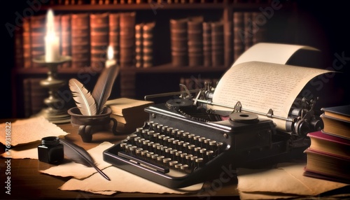 An old-fashioned typewriter with a partially typed manuscript, evoking the romance of writing in a bygone era, with soft lighting highlighting the det. photo