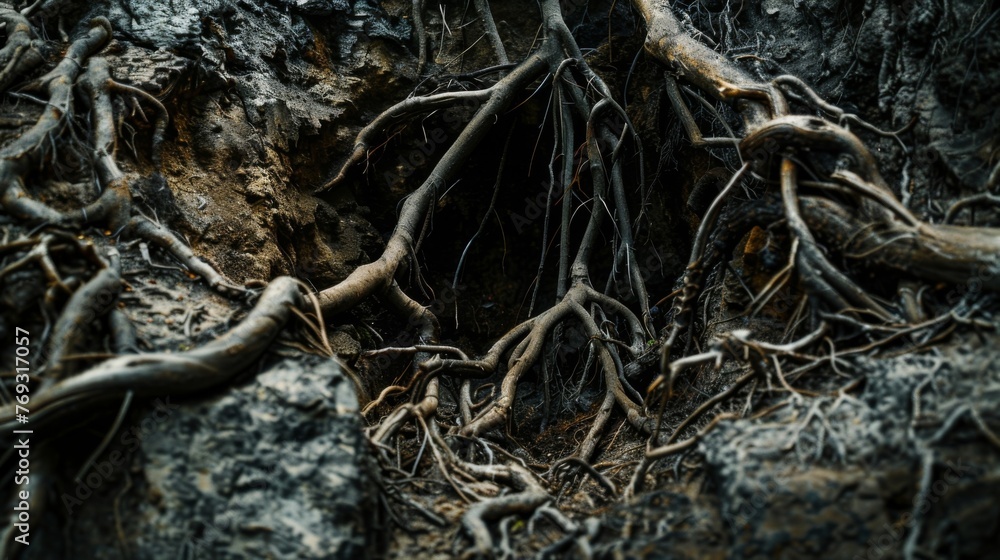 A macro photo of the intricate network of roots and tree branches exposed in the walls of a sinkhole. A macro photo of the intricate network of roots and tree branches exposed in the walls of a sinkhole.