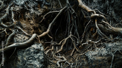A macro photo of the intricate network of roots and tree branches exposed in the walls of a sinkhole.