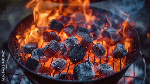 Barbecue Grill Pit With Glowing And Flaming Hot Charcoal Briquettes. generative ai 