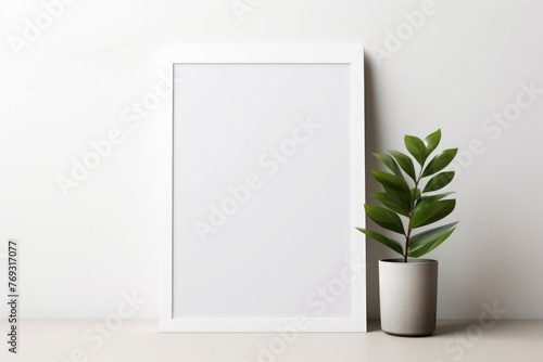 A white picture frame hangs on a white wall with a potted plant on the floor in side of it. photo