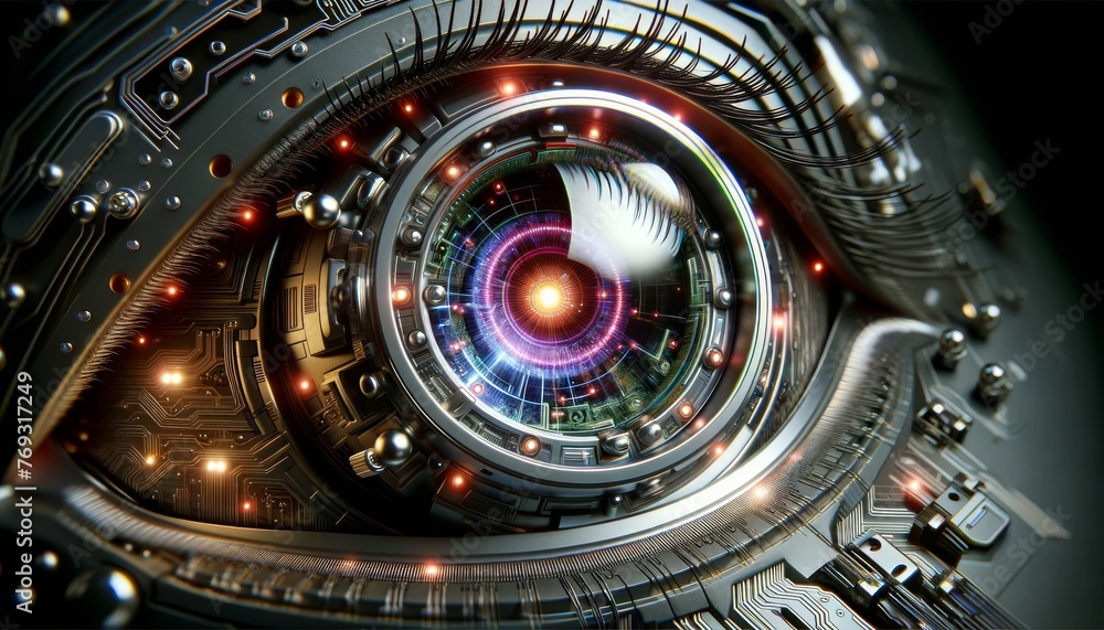 The image features a cybernetic eye lens with integrated circuits and a glowing digital iris, highlighting the blend of biology and technology. The image features a cybernetic eye lens with integrated circuits and a glowing digital iris, highlighting the blend of biology and technology.