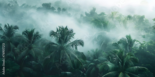 Misty Rainforest Scene Symbolizes Environmental Preservation palm tree branches in a jungle forest enveloped in fog and haze.