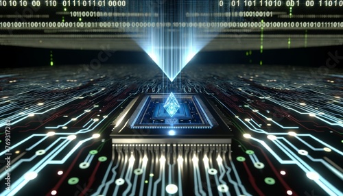 The image depicts a digital landscape showcasing a series of binary codes and data streams converging into a central microchip labeled 'Quantum'. photo