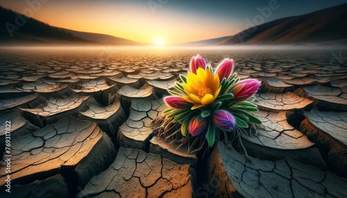A detailed, close or medium shot capturing a singular, vibrant flower growing in the middle of parched, cracked earth. photo