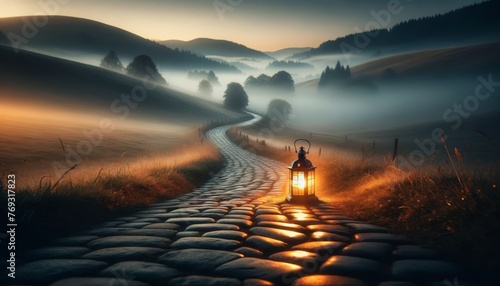 A detailed, close or medium shot of a lone lantern on a misty, cobblestone path surrounded by gently rolling hills in the early morning.