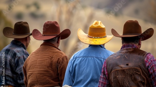 A group of men stand with backs to the camera faces obscured by the large cowboy hats they wear. hand positions . .
