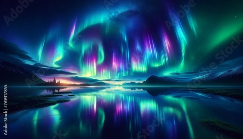 An aurora on Earth  with vivid colors dancing across the sky  reflected in a body of water below.