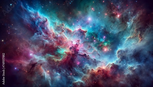 A nebula full of colors and dynamic shapes  offering a sense of mystery and vastness.