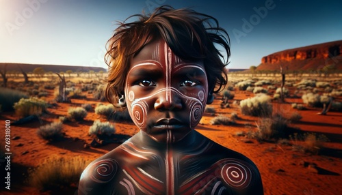 An Aboriginal Australian child, adorned with traditional body paint, looking solemnly at the camera.