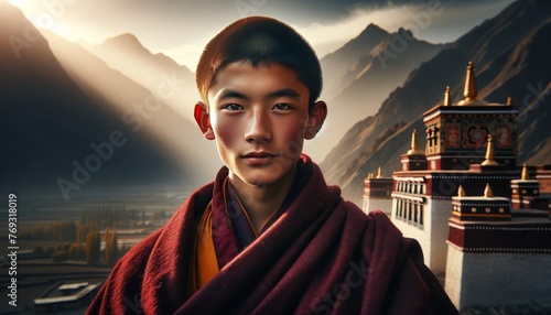 A young Tibetan monk in traditional robes, his youthful face juxtaposed with the ancient wisdom of his culture. photo