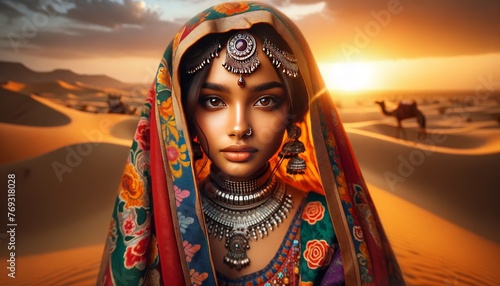 A girl from Rajasthan, India, her face framed by a colorful dupatta, with ornate jewelry reflecting her cultural heritage. photo