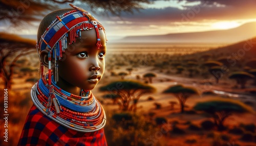 A child from the Maasai tribe, adorned in vibrant red and blue beads and headdresses, gazing thoughtfully into the distance. photo