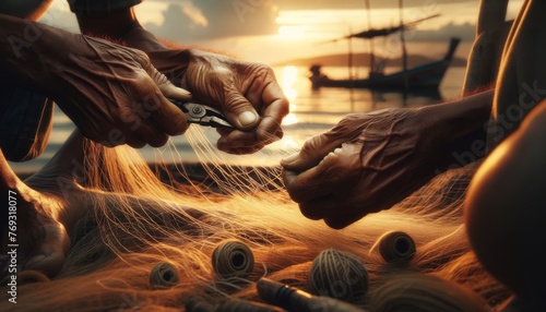 The scene is a close-up of a local fisherman fixing his net during golden hour. photo