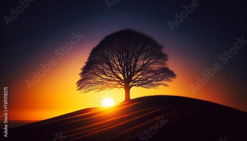 A silhouette of a lone tree on a hilltop with the sun setting directly behind it, casting a warm glow. photo
