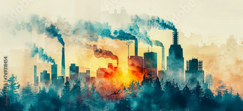 Abstract watercolor cityscape with industrial smoke
