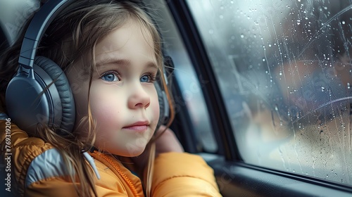 Little girl with headphones looking out of the car window during the ride. copy space for text. photo