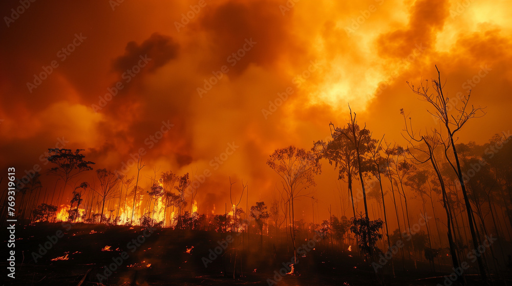 Intense wildfire burning through a forest at night, an alarming illustration of environmental issues ideal for awareness campaigns.