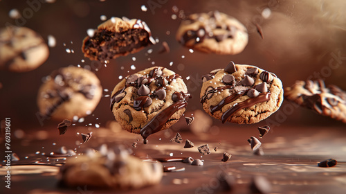 Chocolaty chip cookies breaking midair with chocolate chunks and crumbs against a dark mood background photo