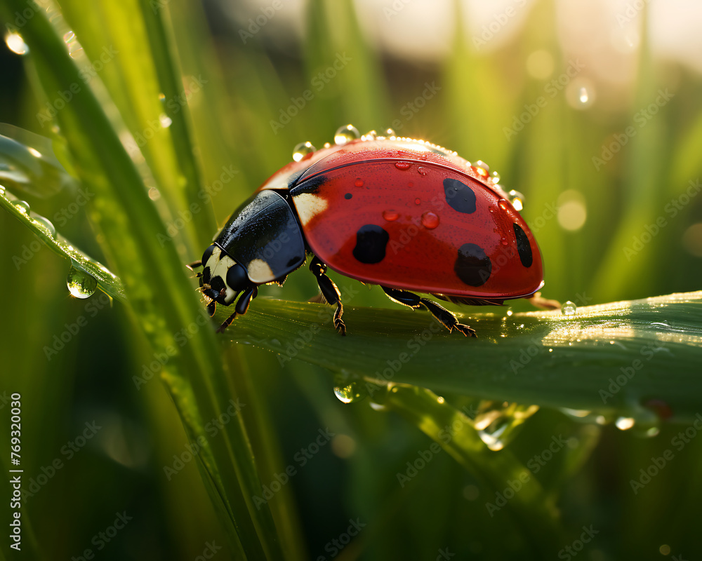 Naklejka premium A vibrant red ladybug adorned with black spots traverses the dewy terrain of fresh green grass blades