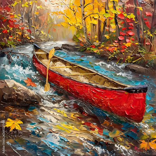 Vibrant Autumn Watercraft Voyage on Scenic River Surrounded by Lush Foliage in Lively Impressionist Painting photo