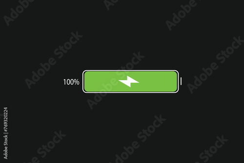 battery charging indicators with lightning symbol and percentages. Charge level from 0 to 100 percentage on gray background