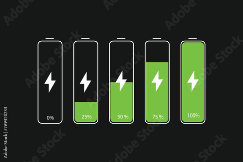 Set of battery charging indicators with lightning symbol and percentages. Charge level from 0 to 100 percentage on gray background. 