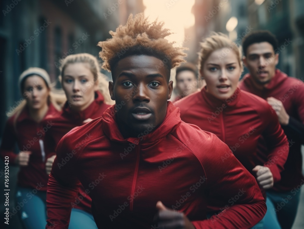A group of people running in a red hoodie
