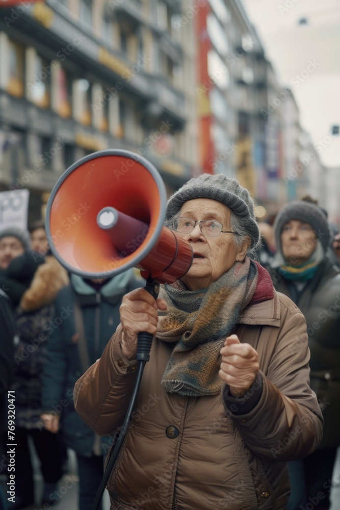 A woman with a megaphone is protesting