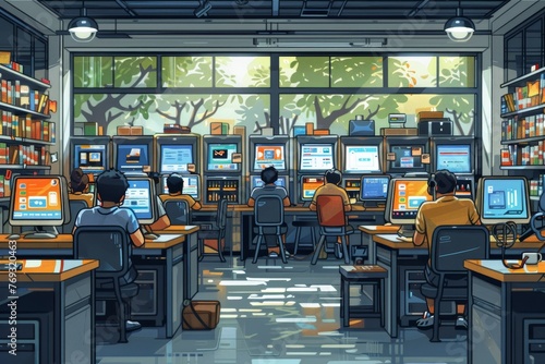 A conceptual illustration of a cyber cafe with customers using desktop computers and laptops for online activities 