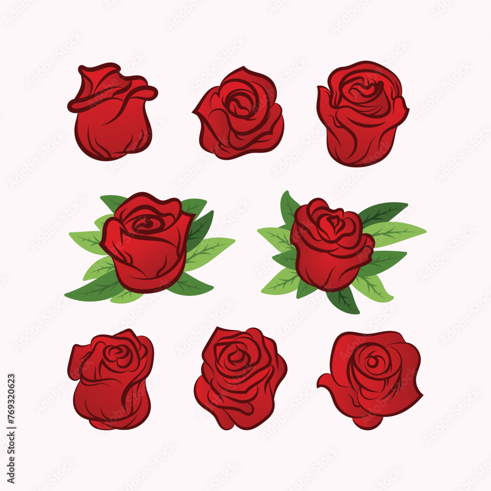 Collection set of red rose flowers on white background Collection set of red rose flowers on white background