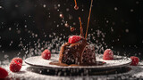 This image captures a chocolate lava cake being doused in a rich chocolate sauce amidst a shower of sweet powdered sugar, set against a blurred backdrop