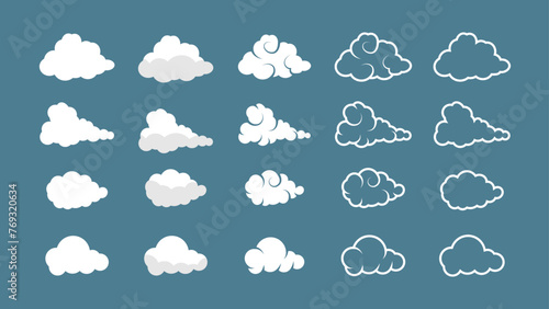 Collection of gradient cartoon and anime clouds in a sleek flat design collection. Cloud shapes design. Vector set clouds. White cloud collection. Vector.