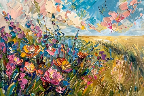 Vibrant Abstract Floral Summer Meadow Landscape in Expressive Brush Strokes