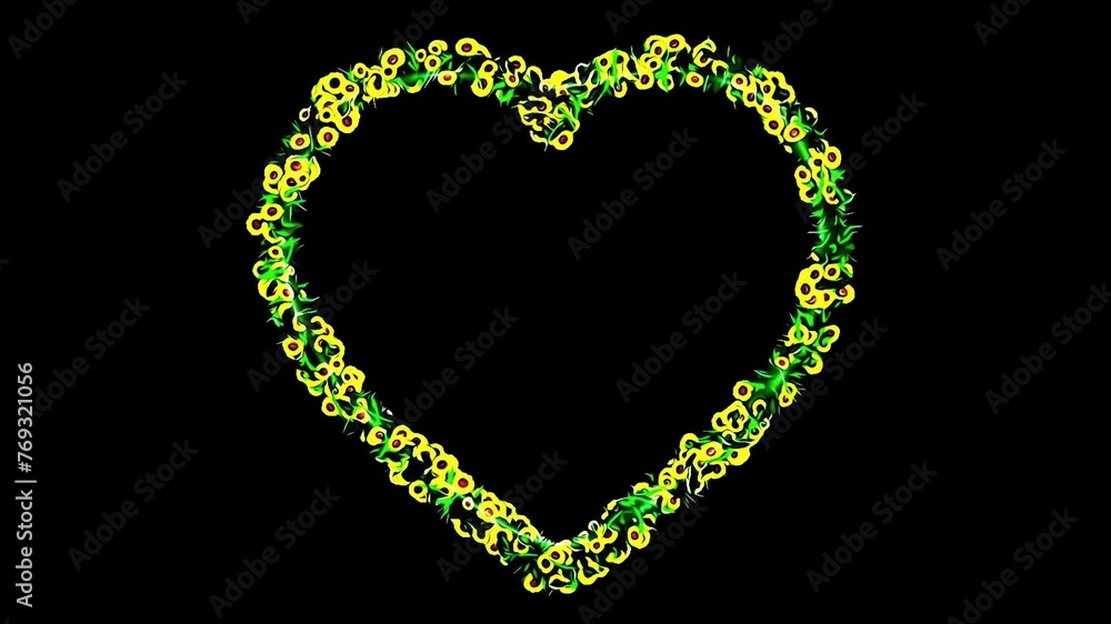 Beautiful illustration of heart shape with yellow flowers and green leaves on plain black background
