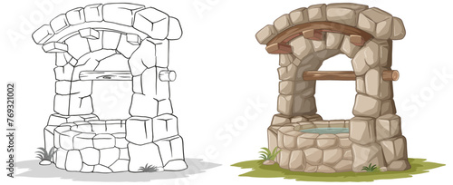 Two cartoon stone wells with wooden roofs.