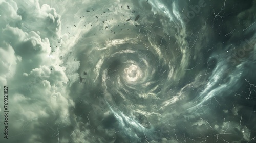The tumultuous winds create a swirling vortex of chaos tossing debris and causing destruction in all directions. photo