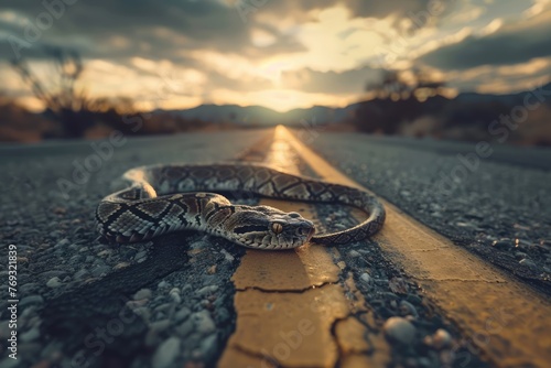 Snake on the road. AI Generated 